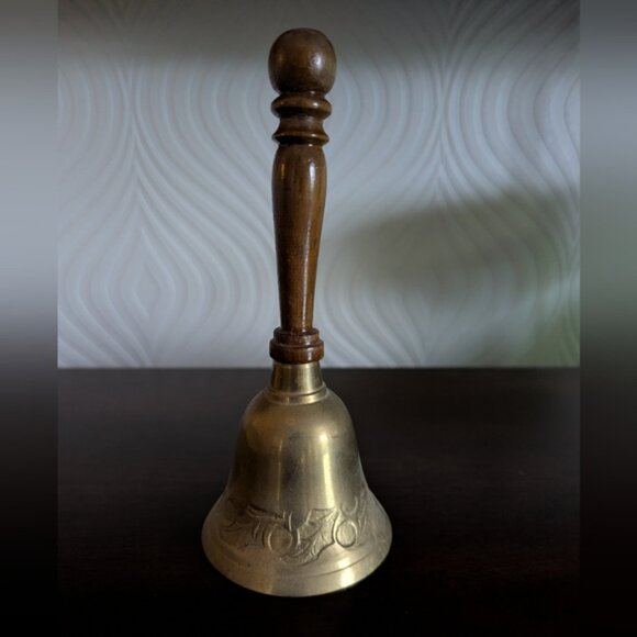 Other - Vintage Etched Brass Hand Bell with Wooden Handle